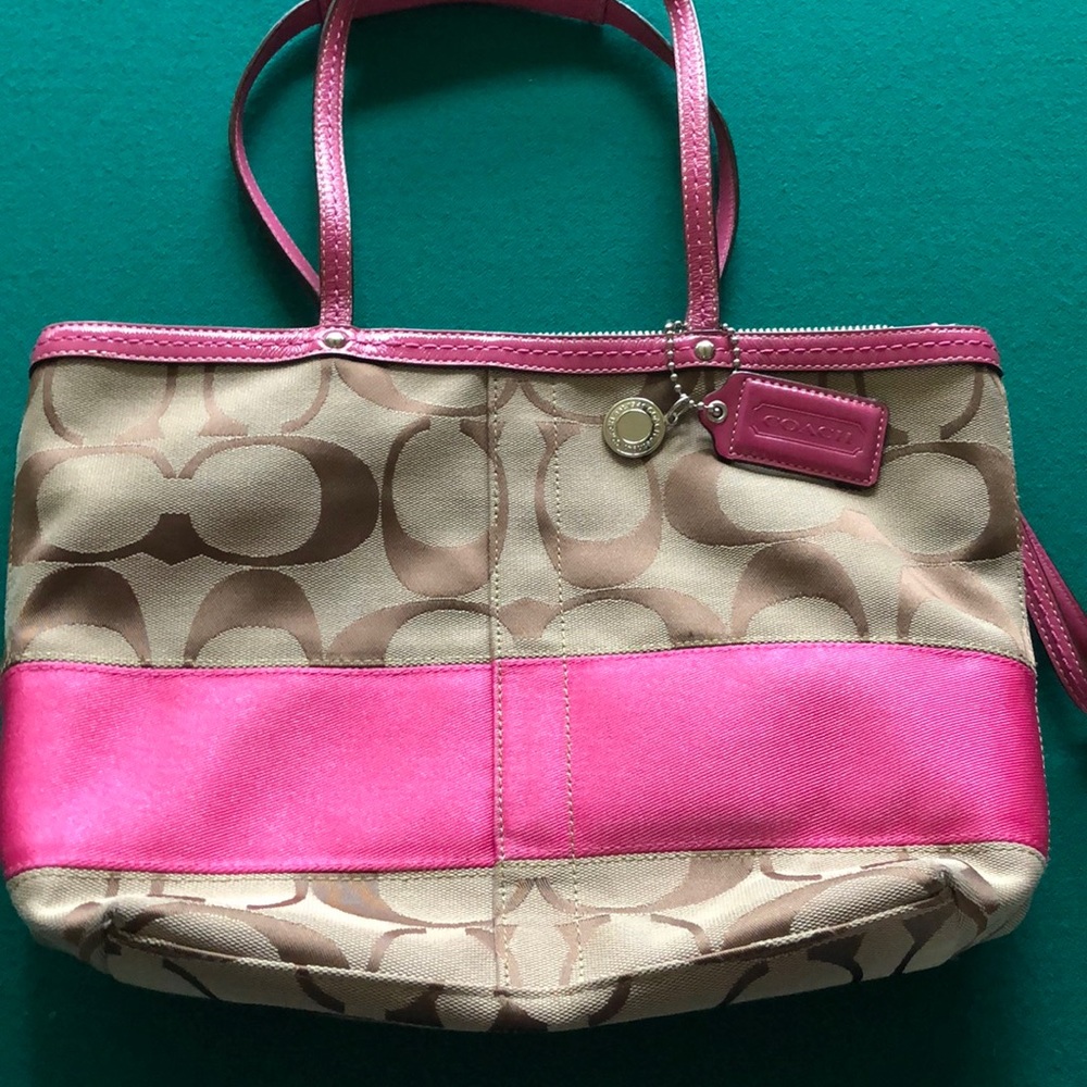 Coach bag bright pink and tan